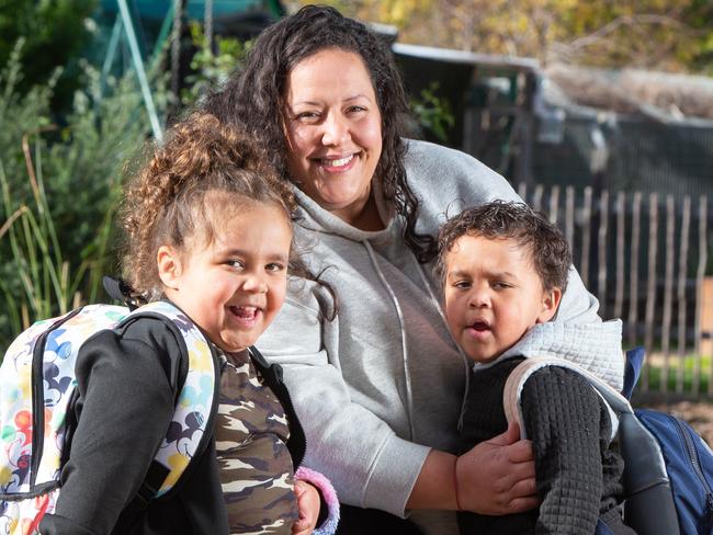 Tania Rita Milans (mum) with her children Lozen 4.5yrs (girl) and Atreyu 3 (boy).  Children will be attending Campbelltown Preschool and using the Mid Year intake. 5th July 2023. Picture: Brett Hartwig