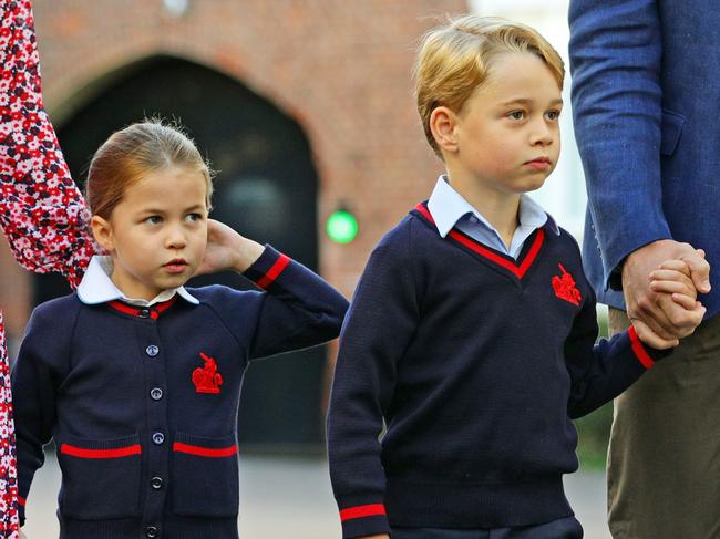 Princess Charlotte arrives for her first day of school with Prince George. The family is in Norfolk where Kate was spotted shopping for Halloween costumes. Picture: Getty Images