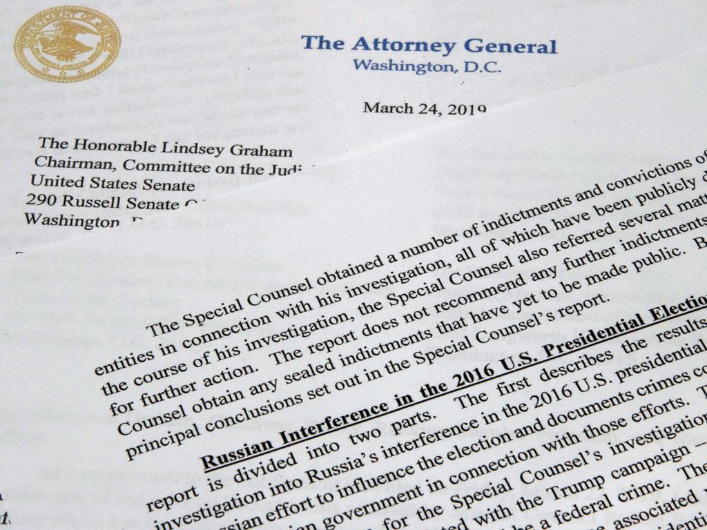 The letter from Attorney-General William Barr to Congress on the conclusions reached by special counsel Robert Mueller in the Russia probe. Picture: AP