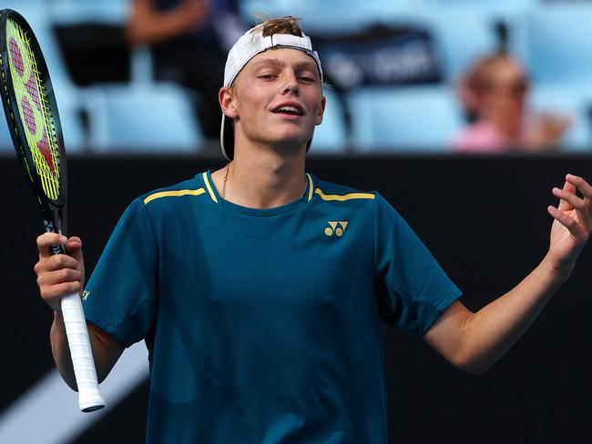 MELBOURNE, JANUARY 22, 2024: Australian Open Tennis. Cruz Hewitt in action with his doubles partner Lachlan McFadzean during their first round junior boys doubles match against Alexander Razeghi and Hayden Jones. Picture: Mark Stewart