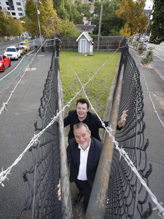 Decibel Architecture;s Dylan Brady and Royal Society of Victoria chief executive Michael Flattley at the site of the proposed building. Picture: David Caird