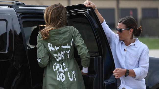 Melania Trump caused an uproar in 2018 with this controversial jacket. Picture: AFP