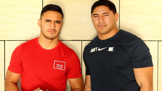 Jason Taumalolo and Valentine Holmes are training at the NFL combine. Picture: Nathan Edwards