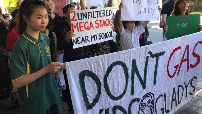 “Don’t gas kids, Gladys”, read one banner. Picture: Steven Deare