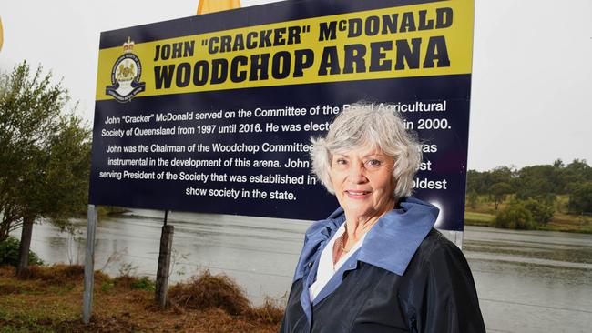 Joan McDonald following the official unveiling of the Woodchop Arena in memory of her husband John "Cracker" McDonald. The unveiling took place during woodchop events on Saturday and included unveiling of the "Memorial Silver Axe 300mm standing block, Queensland Championship" trophy. Heritage Bank Toowoomba Royal Show. Saturday April 20th, 2024 Picture: Bev Lacey