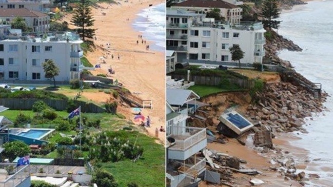 A before and after shot shows the extent of damage to the strip of homes along Pittwater Rd. A sea wall of rocks in front of the apartment block is clearly visible in the after shot.