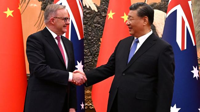Prime Minister Anthony Albanese meeting with Chinese President Xi Jinping at Beijing’s Great Hall of the People in 2023. Picture: Lukas Coch/AAP Image