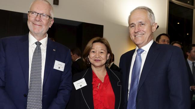 Justin Milne, Michelle Guthrie and Malcolm Turnbull, smiling for the cameras at an ABC showcase event in Canberra in August. Pic: Alex Ellinghausen