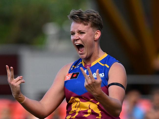 GOLD COAST, AUSTRALIA - NOVEMBER 05: Dakota Davidson of the Lions celebrates kicking a goal during the AFLW Qualifying Final match between the Brisbane Lions and Richmond Tigers at Metricon Stadium on November 05, 2022 in Gold Coast, Australia. (Photo by Matt Roberts/Getty Images)