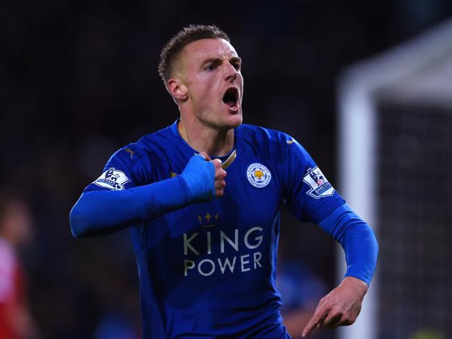 LEICESTER, ENGLAND - NOVEMBER 28: Jamie Vardy of Leicester City celebrates his record breaking goal during the Barclays Premier League match between Leicester City and Manchester United at The King Power Stadium on November 28, 2015 in Leicester, England. (Photo by Laurence Griffiths/Getty Images)