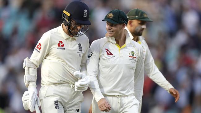 Jack Leach and Steve Smith leave the field after stumps. Picture: Getty Images