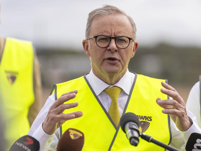 MELBOURNE, AUSTRALIA - FEBRUARY 09: Australian Prime Minister Anthony Albanese speaks to media during a media opportunity at The Kennedy Centre on February 09, 2024 in Melbourne, Australia. (Photo by Daniel Pockett/AFL Photos/via Getty Images )