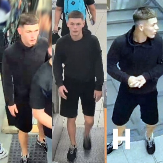 The eighth man (Person H) is described as being of Caucasian appearance and of thin build. He is depicted wearing a black hooded jumper, black shorts, and black and grey New Balance-brand shoes. Picture: NSW Police