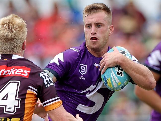 Cameron Munster of the Storm runs with the ball during the NRL Nines 2020 tournament at HBF Park in Perth, Saturday, February 15, 2020. (AAP Image/Richard Wainwright) NO ARCHIVING, EDITORIAL USE ONLY