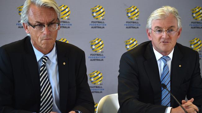 Football Federation Australia chairman Steven Lowy (R) and CEO David Gallop (L)