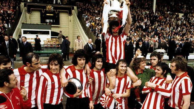 Sunderland players celebrate with the FA Cup after beating Leeds United 1-0 in the 1973 final. Picture: PA Images/Alamy Stock Photo