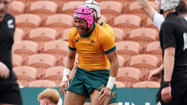 An elated Joshua Takai after scoring. Pictures: Fiona Goodall/Getty Images for Rugby Australia