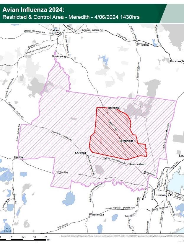 Avian influenza restricted, red, and control, purple, areas in the Golden Plains shire as of June 4. Picture: Agriculture Victoria