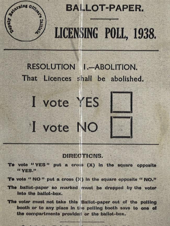 Ballot paper from the 1938 licencing referendum. Picture: Herald Sun archive