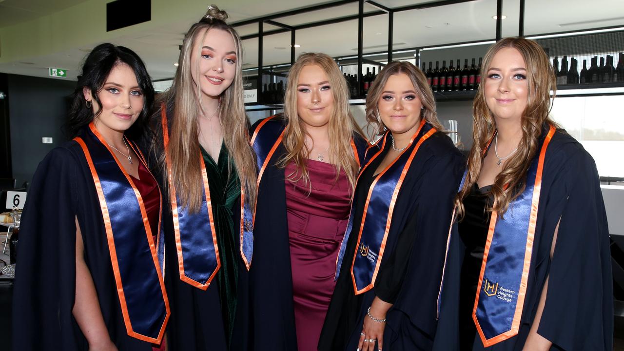 Western Heights College graduation at GMHBA stadium. Taylah Marshall, Olivia Simovic, Lauren Revell, Bridie Barclay and Tamsin Bower. Picture: Mike Dugdale