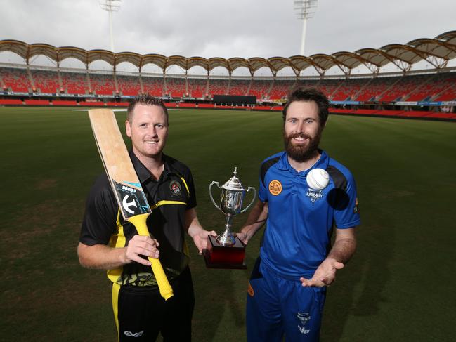 Southport Labrador captain Simon Belston and Alberton Ormeau counterpart Corey Galloway at Metricon Stadium. Picture: Glenn Hampson