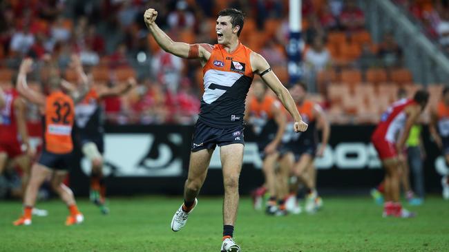 GWS captain Phil Davis celebrates at the final siren. Picture: Phil Hillyard