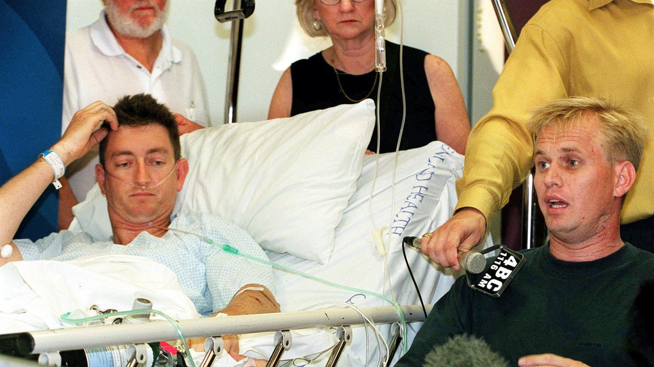 Bali bombing victims Glen Forster (left), and Glenn Cosman (right) are pictured after the attack in 2002
