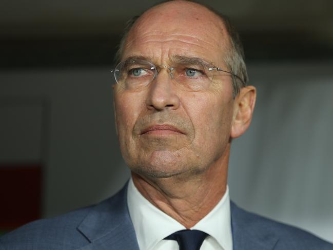 FILE - In this Sunday, Jan. 20, 2019 file photo, Oman's head coach Pim Verbeek attends the AFC Asian Cup round of 16 soccer match in Abu Dhabi, United Arab Emirates. Pim Verbeek, the Dutchman who became the head coach of South Korea and Australia, has died at the age of 63. Verbeek, who appeared for Sparta Rotterdam as a player, passed away Thursday, Nov. 28, 2019 after a four-year battle with cancer.  (AP Photo/Kamran Jebreili)
