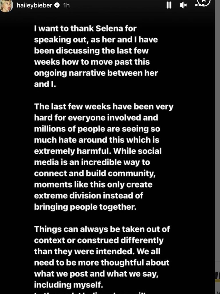 Hailey Bieber posted a statement to social media.