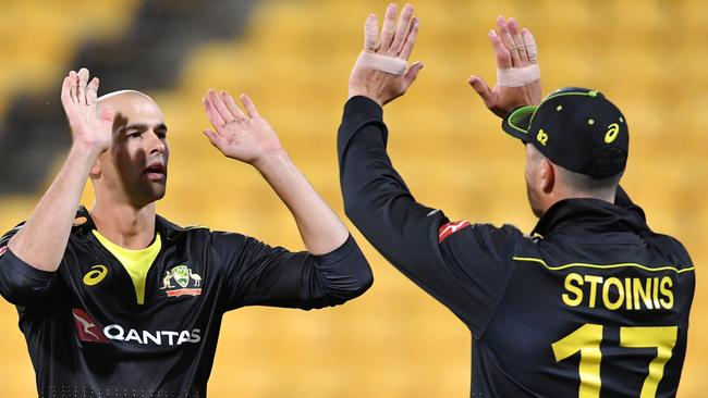 Ashton Agar celebrates a wicket with Marcus Stoinis. Picture: Getty Images