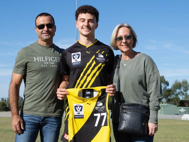 Massimo Raso with his parents Mauro and Roisin ahead of his VFL debut for Richmond at Beaconsfield.