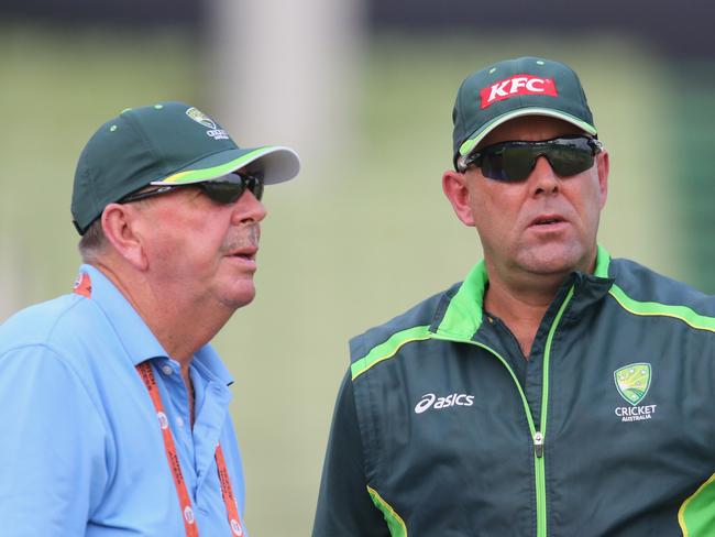 Former Australia coach Darren Lehmann (R), pictured with then-Chairman of Selectors Rod Marsh, has revealed Phillip Hughes’ Test recall had been rubber-stamped. Picture: Getty