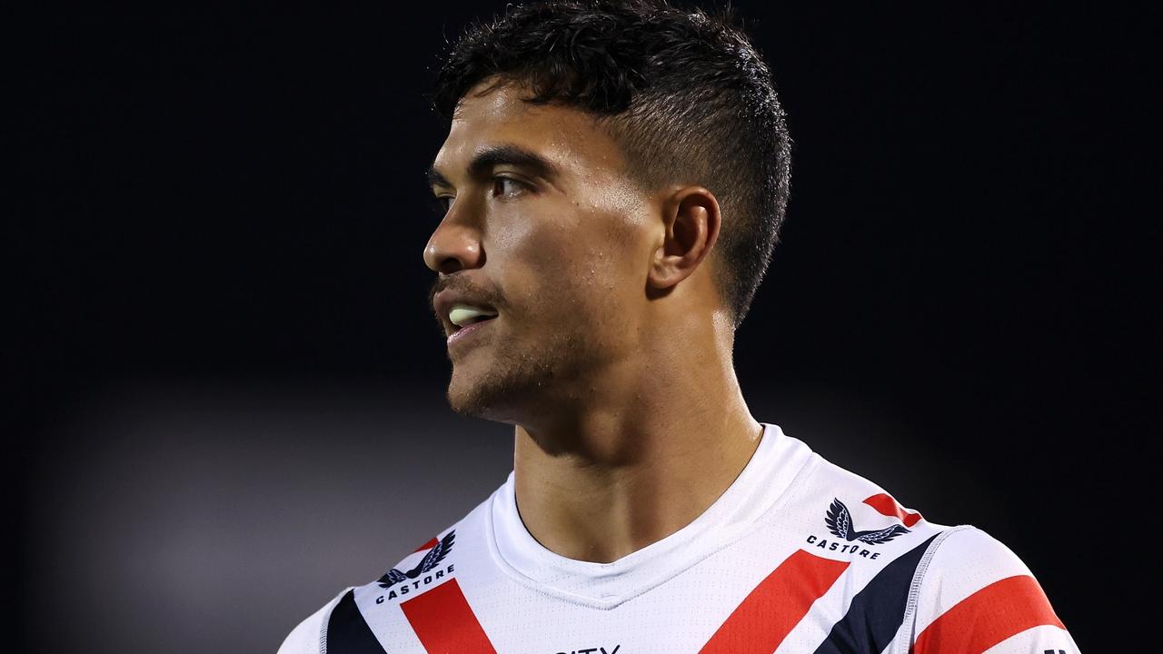 PENRITH, AUSTRALIA - MAY 12: Joseph-Aukuso Suaalii of the Roosters looks on during the warm-up before the round 11 NRL match between Penrith Panthers and Sydney Roosters at BlueBet Stadium on May 12, 2023 in Penrith, Australia. (Photo by Mark Kolbe/Getty Images)
