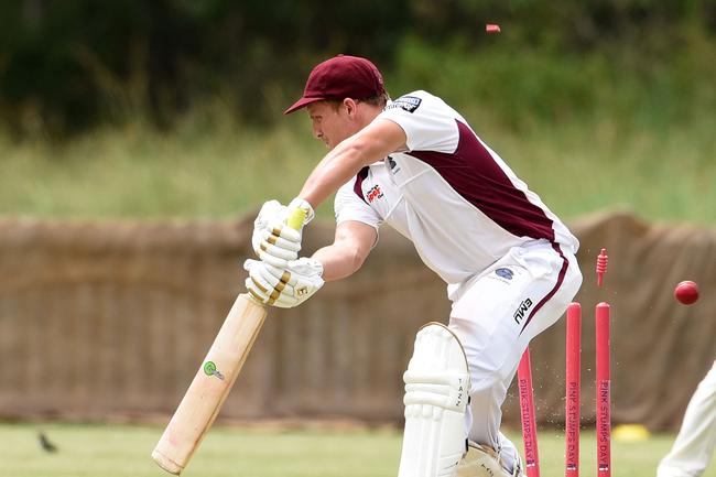 Cricket Gold Coast’s Kookaburra Cup. Day two between Mudgeeraba Nerang and Burleigh at Nerang RSL Oval. Burleigh batsman Rhys McCarthy bowled. Picture: Steve Holland.