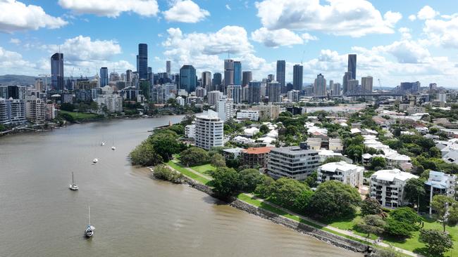 Aerial view of riverfront apartments in the inner city Brisbane suburb of New Farm. The suburb has some of the Queensland capital city's most expensive real estate. Picture: Brendan Radke