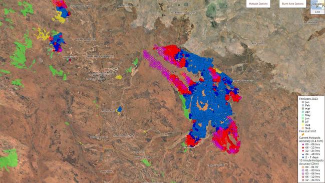 The North Australia and Rangelands Fire Information map of recent fires near Tennant Creek as of September 8, 2023.