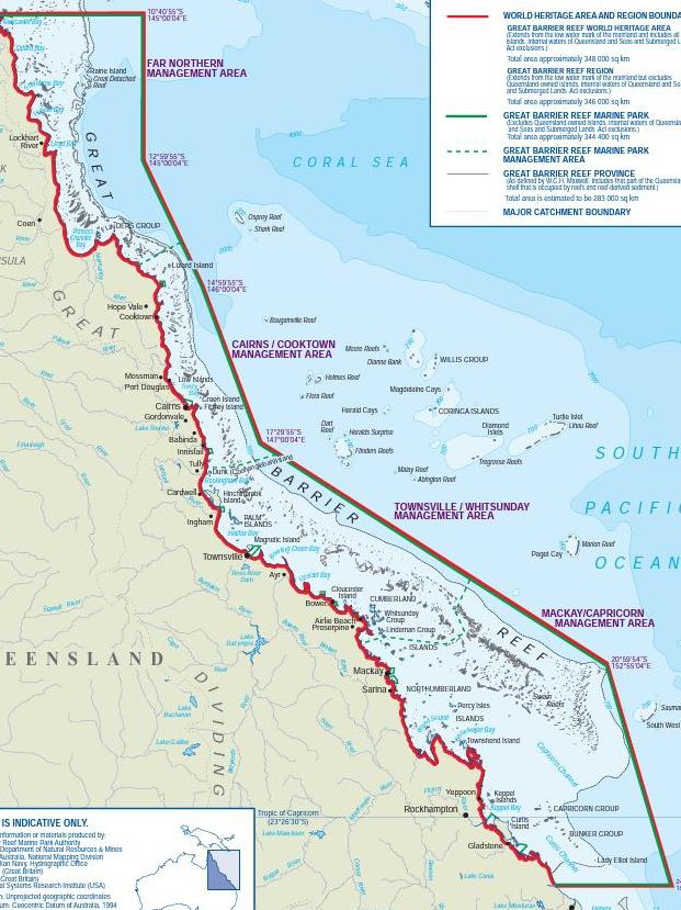 The boundaries of the Great Barrier Reef world heritage area. By mid-2027, gillnet fishing will be illegal within the red lines.