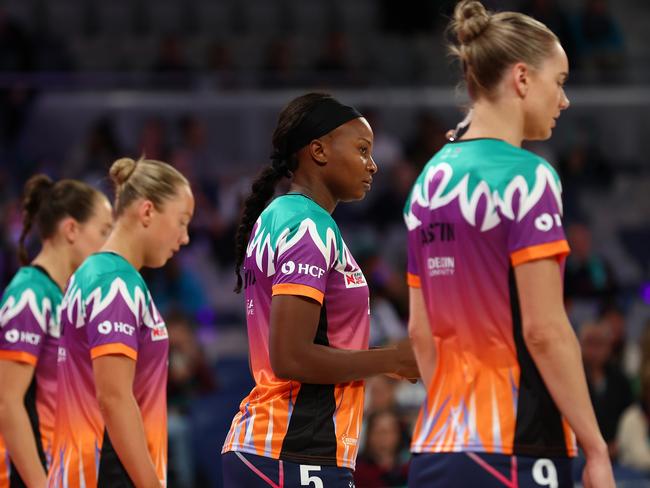 MELBOURNE, AUSTRALIA - APRIL 29: The Vixens warm up prior to the round seven Super Netball match between Melbourne Vixens and Queensland Firebirds at John Cain Arena, on April 29, 2023 in Melbourne, Australia. (Photo by Graham Denholm/Getty Images)