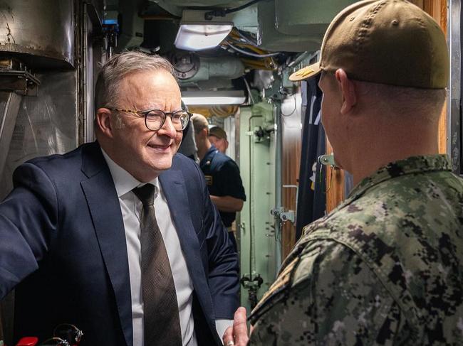 Prime Minister Anthony Albanese speaks to workers at HMAS Stirling , Perth . Picture: @albomp / Instagram