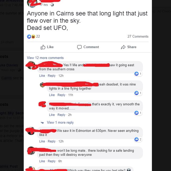 Residents across Cairns and North Queensland have reported seeing a line of weird lights in the night sky. PICTURE: SUPPLIED