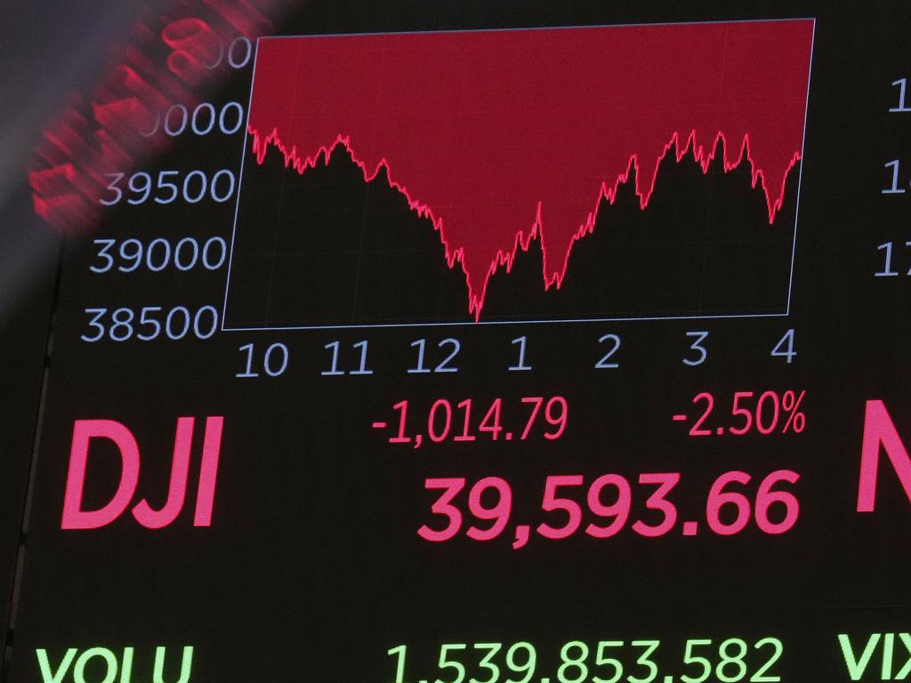 A board above the trading floor of the New York Stock Exchange shows the closing number for the Dow Jones industrial average on Thursday, April 10. Picture: AP Photo/Richard Drew
