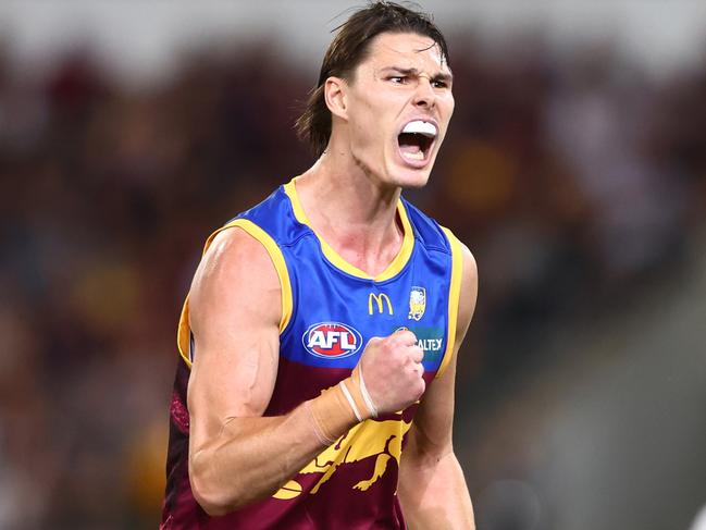 BRISBANE, AUSTRALIA - APRIL 06: Eric Hipwood of the Lions celebrates a goal during the round four AFL match between Brisbane Lions and Collingwood Magpies at The Gabba, on April 06, 2023, in Brisbane, Australia. (Photo by Chris Hyde/AFL Photos/via Getty Images )