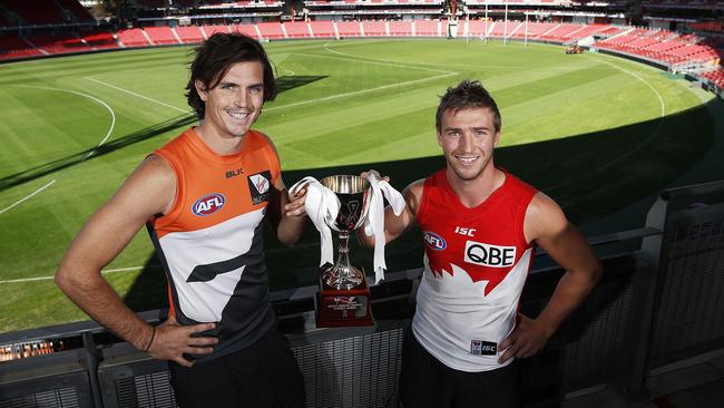 GWS co-captain Phil Davis and Sydney Swans co-captain Kieren Jack at Spotless Stadium ahead of Sydney Derby X. Picture. Phil Hillyard