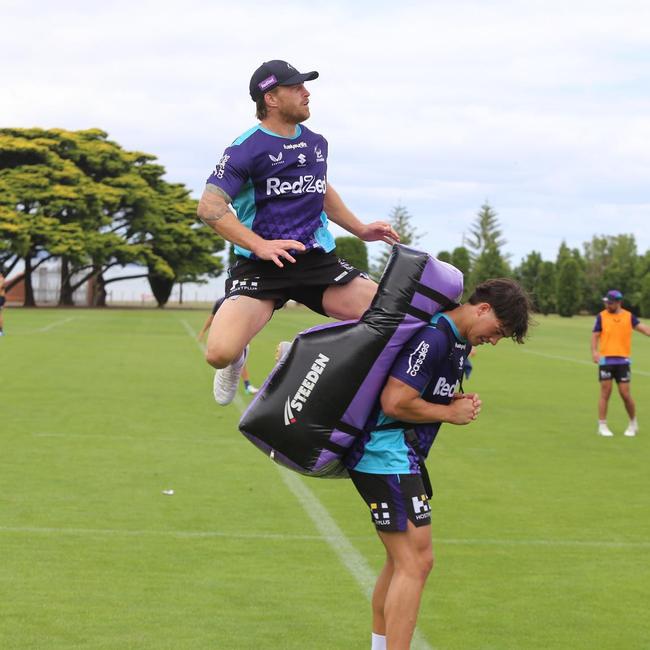 Cameron Munster channelled Warwick Capper with a mighty leap at Storm training last week. Source: Instagram