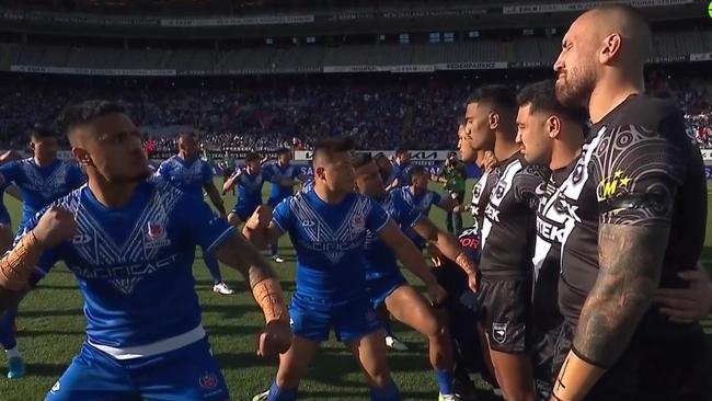 Samoa had to step back to complete the war dance. Photo: Fox Sports