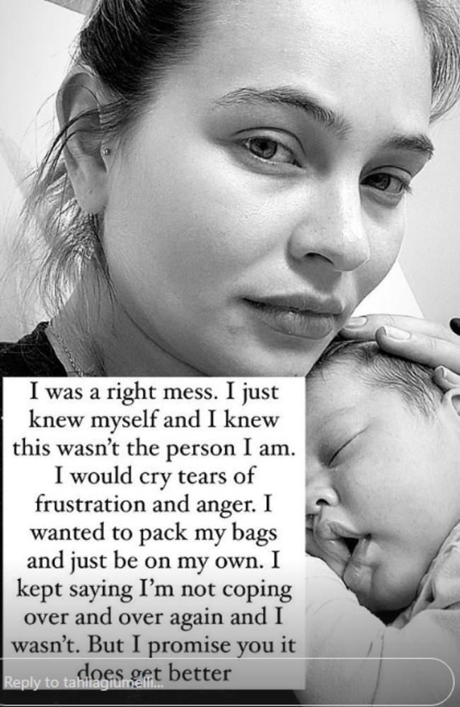 Tahlia Giumelli, partner of footballer Thomas Burgess, revealed her battle with post natal depression on Instagram.