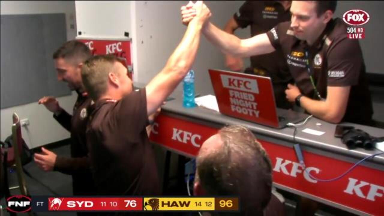 Hawks coaches box erupts on final siren!