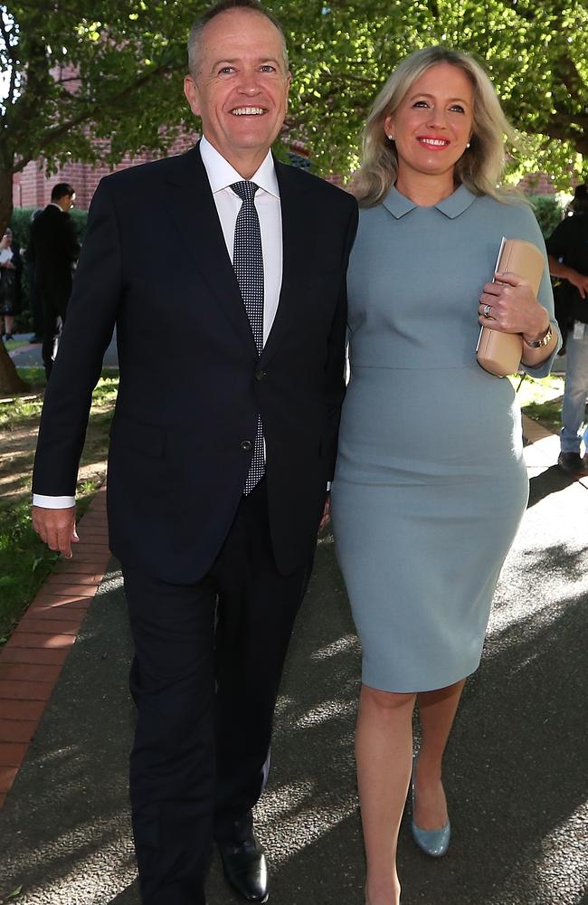 A new poll says voters are happy with neither Bill Shorten (above with his wife Chloe), nor the PM and 28pc will vote for a minor party. Picture: Kym Smith.