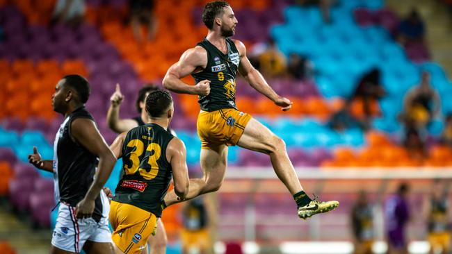 Dylan Landt celebrating a goal for St Mary's against Southern Districts in Round 8 of the 2024-25 NTFL season. Picture: Patch Clapp / AFLNT Media