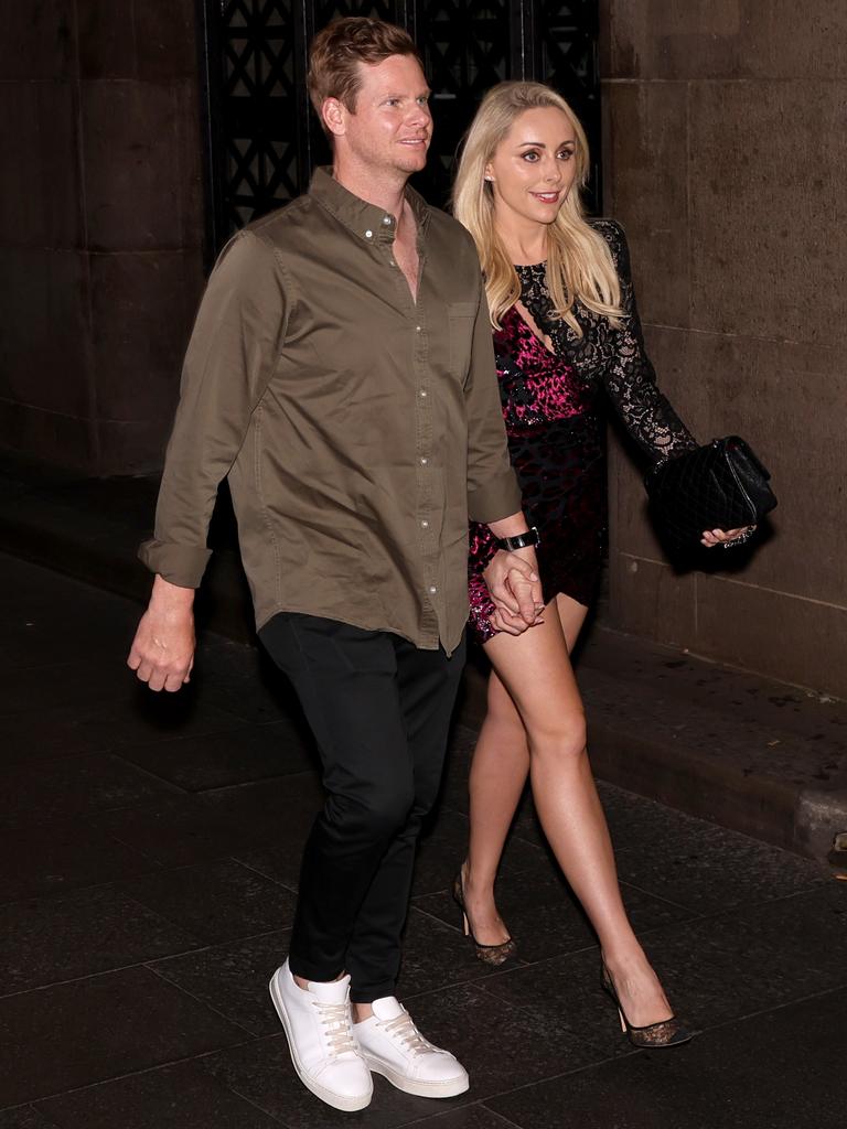 Steve Smith and partner Dani Willis arrive at the Ivy for David Warner’s retirement party. Picture: Damian Shaw